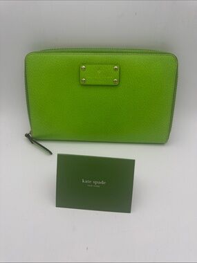kate spade Lime Green Zip-Around Wallet 18 slot card / id holder 9x5.5”